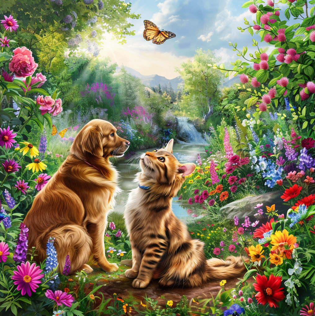 A cat and dog looking at each other in a park